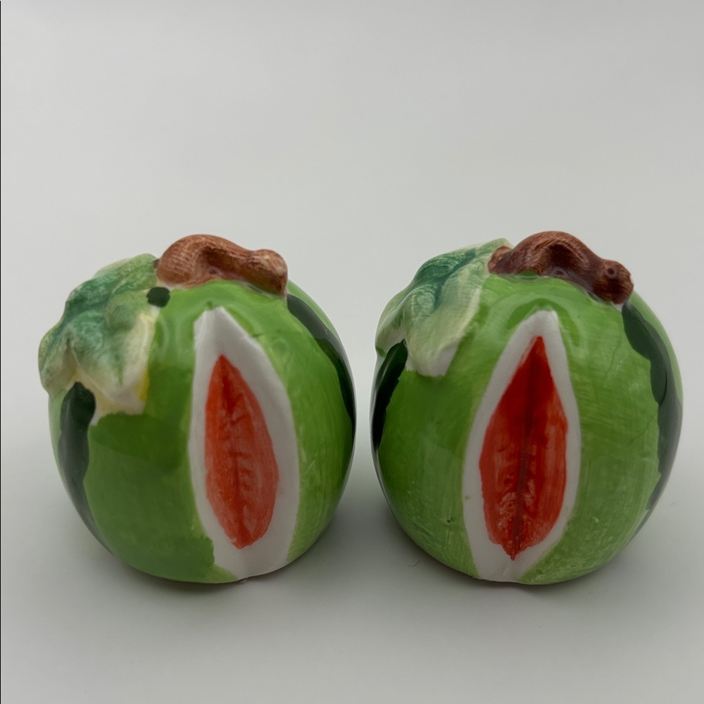 Vintage Watermelon Salt and Pepper Shakers Green and Red Ceramic Fruit Figurines